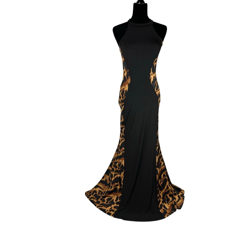 Mermaid maxi cheetah black sleeveless event from wedding high neck dress Sz M